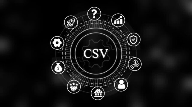 Csv data management concept with rotating digital and tech interface file format technology