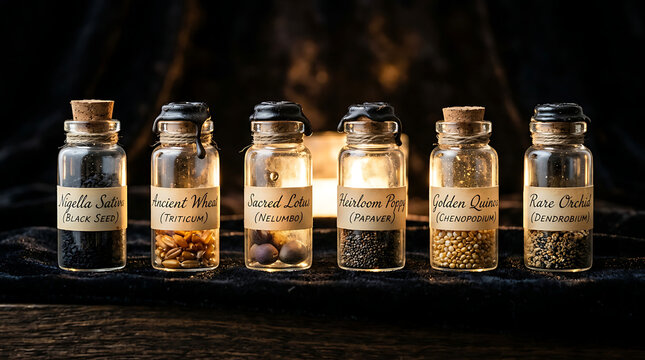 Four Glass Bottles Containing Rare Seeds with Labeled Contents on Display