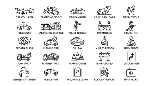 Comprehensive collection of 25 car accident and road safety vector icons in a detailed line art style, perfect for insurance and safety designs.