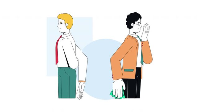 Giving bribe 2D animation. Corporate corruption. Illegal payment. Two businessmen secretly exchanging cash behind backs animated characters cartoon flat concept metaphor 4K video on transparent