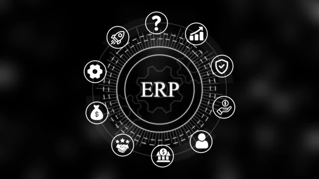 Erp system digital interface with rotating business and data management network animation enterprise resource planning