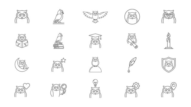 Collection of creative owl icons with various educational and symbolic elements on transparent background