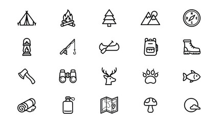 Set of camping hiking outdoor adventure icons with transparent background for travel and nature themed projects © Nancy