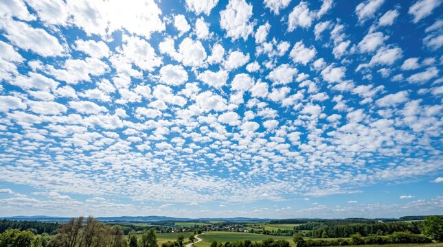 Altocumulus clouds across a bright blue sky.