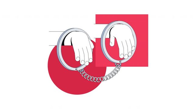 Punishment for crime 2D animation. Legal consequences. Law enforcement. Police arrest. Hands restrained in handcuffs animated cartoon flat concept metaphor 4K video isolated on transparent background