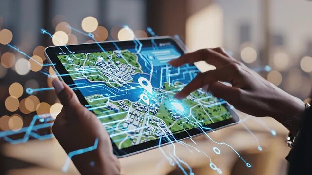 Hands using a tablet with interactive 3D map navigation and location pins in modern technology concept