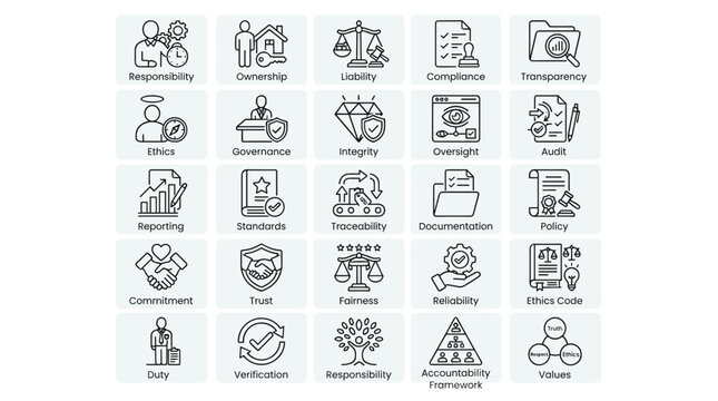 Corporate governance and business ethics icon set representing responsibility ownership liability compliance transparency integrity oversight audit and reporting.