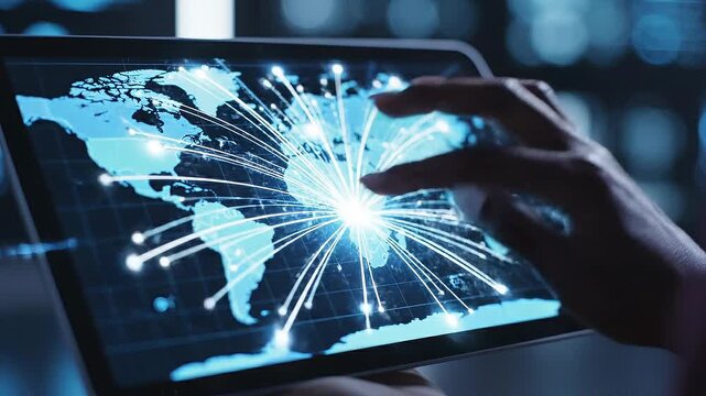 Futuristic digital world map on tablet screen with person interacting using touch technology