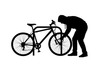 Fototapeta premium Person Locking Bicycle Rack Silhouette Vector Illustration, Black Flat Icon for Urban Commute Cycling Design
