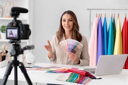 Fashion vlogger recording video about color analysis in studio