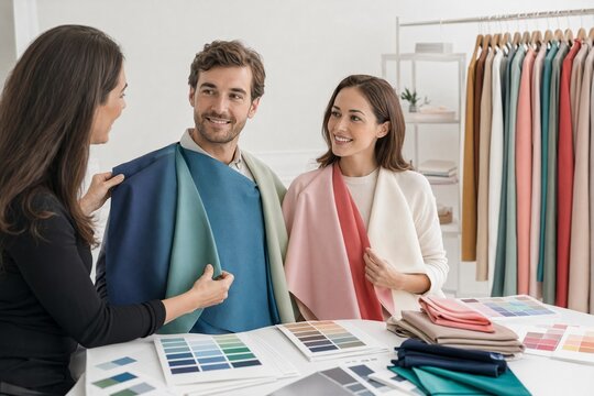 Stylist consulting couple on color analysis with fabric samples