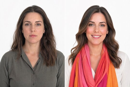 Before and after portrait of woman color analysis and makeup makeover