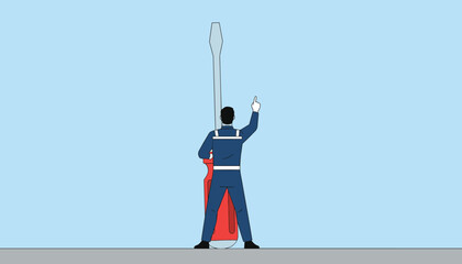 Fototapeta premium Industrial worker in blue overalls pointing up while standing next to a giant red flathead screwdriver.