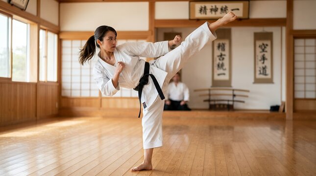 Woman practicing martial arts in a dojo with a high kick.