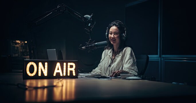 Woman Host Smiling with Headphones at Desk with on Air Sign