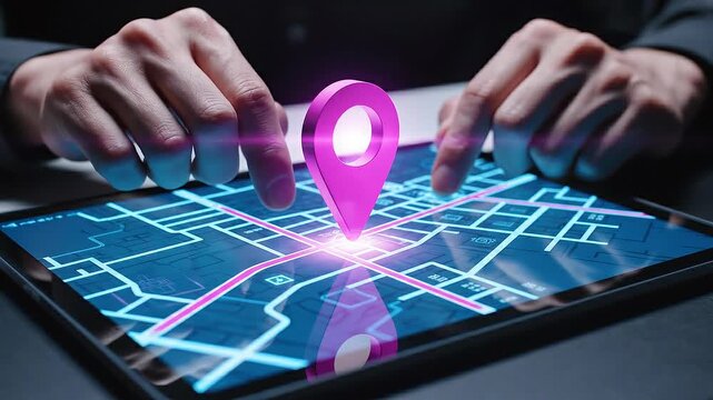 Close up of hands using digital map navigation on tablet with glowing city street grid interface