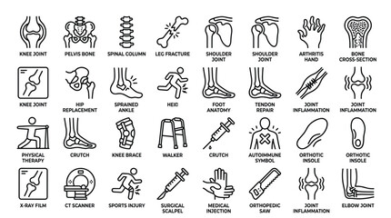 Fototapeta premium Orthopedic and medical skeletal health icon set illustrating bones joints injuries treatment tools diagnostic equipment and physical therapy rehabilitation therapy.