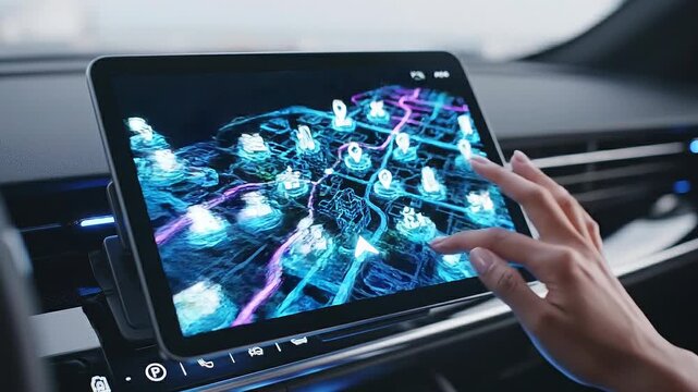 Futuristic digital city map navigation on car touchscreen with hand interacting for smart travel guidance