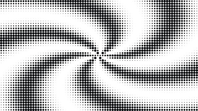 Spiral halftone pattern with black dots radiating from the center on a white background, creating a dynamic, vortex effect for