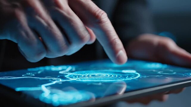 Person interacting with futuristic digital map on tablet technology touchscreen interface