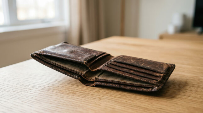 Worn wallet on wooden table, financial exclusion and empty cash concept with brown leather wallet in soft light