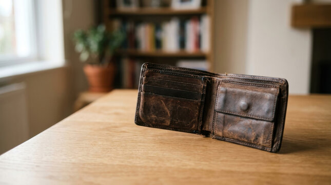 Worn leather wallet on wooden table in home interior, concept of financial exclusion and empty pocket