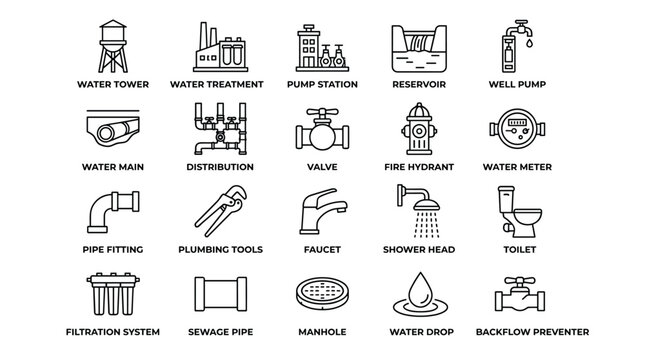 Water supply and plumbing infrastructure icons set showing towers treatment plants valves pipes and bathroom fixtures for municipal and residential service design.