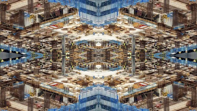 construction of a new skyscraper in dubai made into abstract mirrored pattern