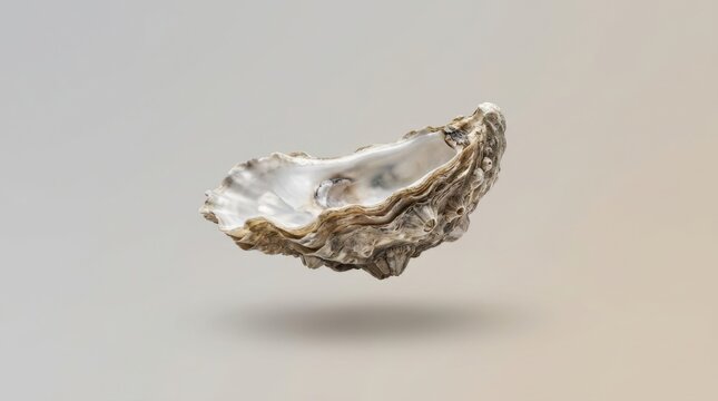 A single oyster shell with a rough, textured exterior and smooth, iridescent interior floating against a neutral background.