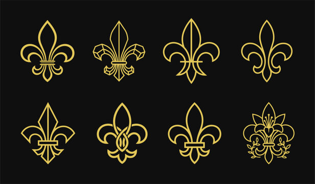 Golden fleur-de-lis symbol collection for royal crest emblem luxury packaging and vintage logo design