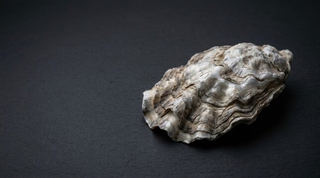 A close-up of a single oyster shell with textured layers resting on a dark surface.