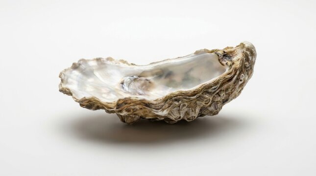 A single open oyster shell with a rough textured exterior and smooth, iridescent interior sits on a plain white background.