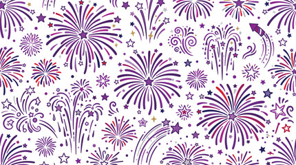 Fototapeta premium Seamless festive pattern of vibrant purple and pink fireworks exploding in night sky, celebrating holiday and special occasions, abstract design.