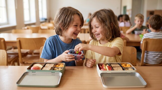 Two children sharing snacks from their lunch boxes at a cafeteria table