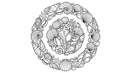 Seashell Mandala Outline Illustration - Circular Marine Life Design © Akun