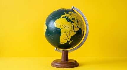 A green and yellow globe with a wooden stand sits on a bright yellow background showcasing Africa and Europe