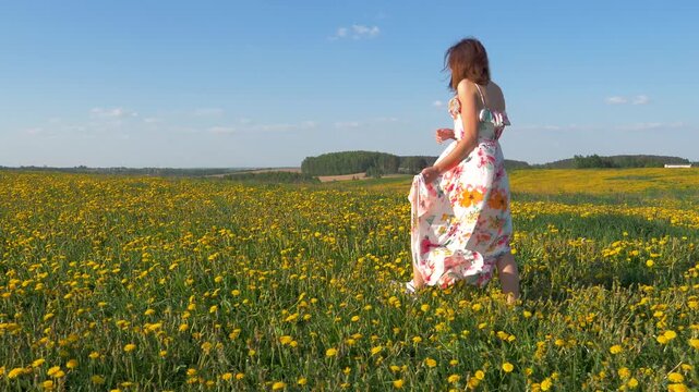 Pretty young woman in long dress walking through a vast field of blossoming yellow dandelion flowers on sunny spring day. Female enjoying nature and beautiful hilly scenery