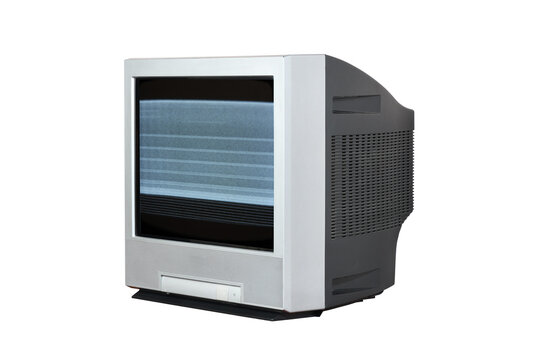 Vintage silver flat CRT TV with static on screen isolated on white background.