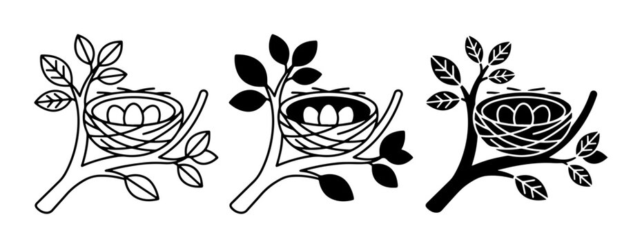 Bird Nest with Eggs on Tree Branch Icons, Nature and Family Symbolism, Vector Illustrations