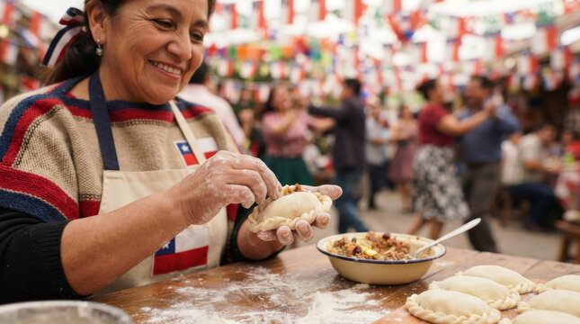 Scene at a Chilean food fair. A woman forming dough for empanadas with a blurred celebration in the background.
