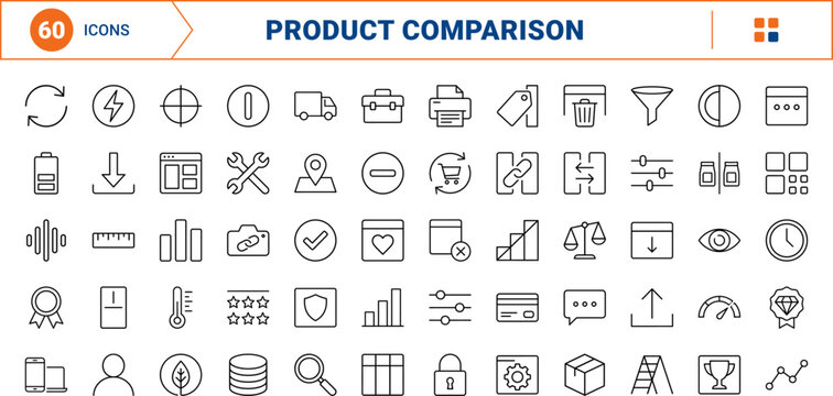 Product feature comparison matrix line icon set. Vector pictograms of table, specs, ecommerce, and pricing elements, thin linear illustration.