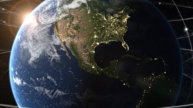 A glowing digital planet earth floating in the dark deep space