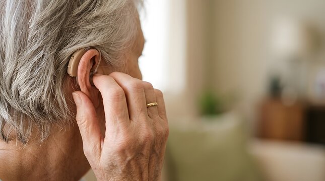 Senior man adjusting invisible hearing aid in ear. Elderly person fine-tuning discreet audio device for better sound clarity.