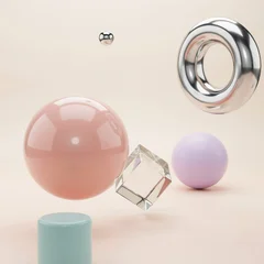 Modern 3D Abstract Composition with Glossy Floating Spheres and Chrome Ring © Omar