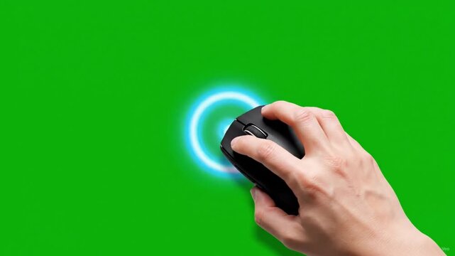 Computer mouse click with glowing blue ripple effect on green screen, Hand clicking wireless mouse, Digital cursor animation for video editin green screen animation.