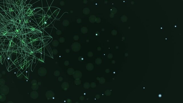 Abstract motion graphics showing chaotic green scribble lines transforming into floating particles and shifting into structured white digital data blocks