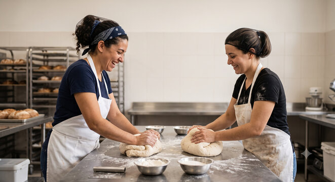 Diverse commercial bakers kneading dough on stainless steel table.
