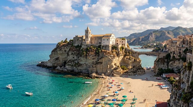 Former 4th century monastery on top of the Sanctuary of Santa Maria Island - Tropea, Calabria, Italy. Tropea Beach at Tyrrhenian Sea.