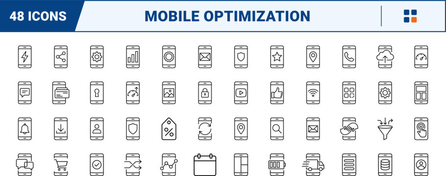 Mobile optimization line icon set. Vector pictograms of responsive, web, performance, and website elements, thin linear illustration.