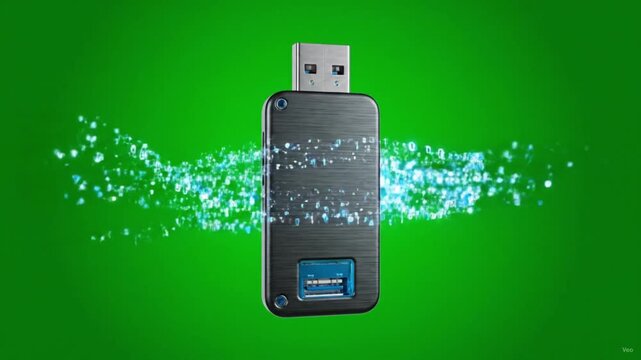 Digital data transfer concept with USB flash drive, Glowing blue particles flowing through hardware, High speed storage device on Green Screen Animation.